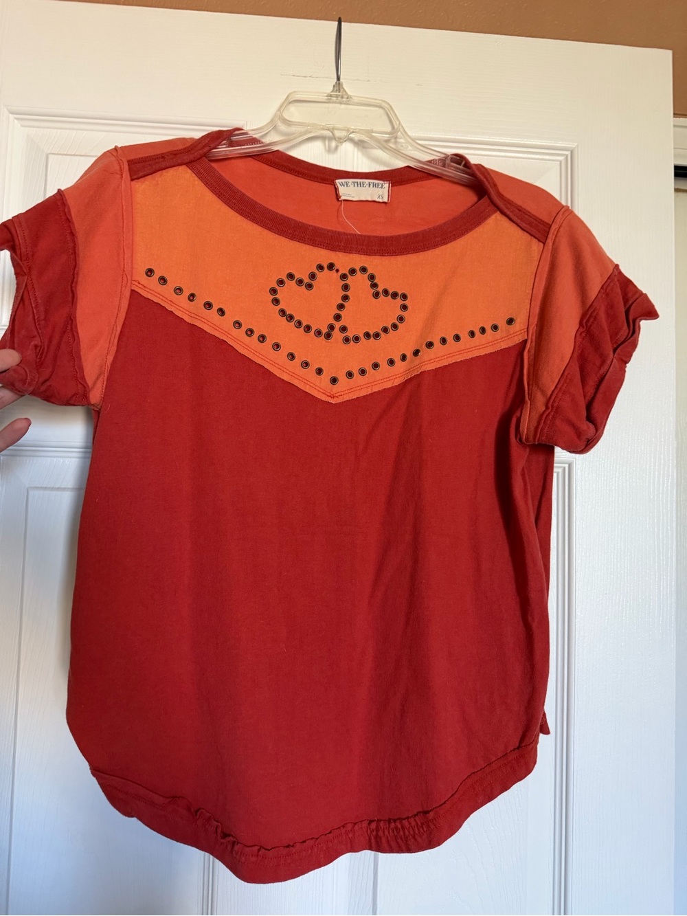 We The Free Red & Orange Short Sleeve Tee with Stud Heart